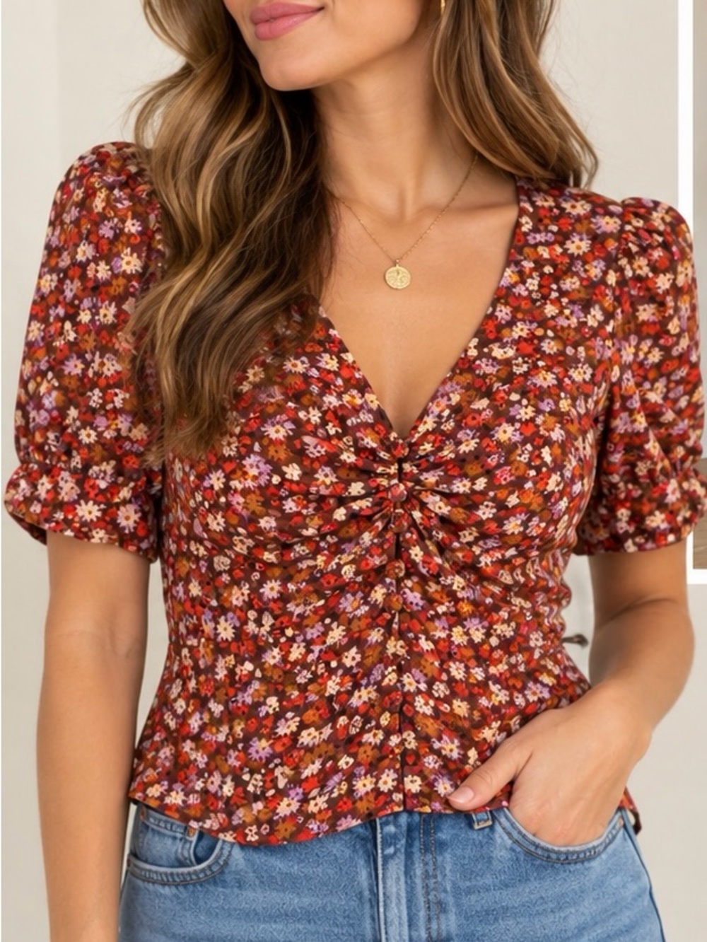 Madewell Floral Ruched Front Blouse Size 0 Brown Multicolor
